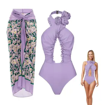 Ретро Парчета Бански Tummy Control Бански костюми Дамски плаж рокля плътен цвят флорални рокля комплект гръб без ръкави за плаж