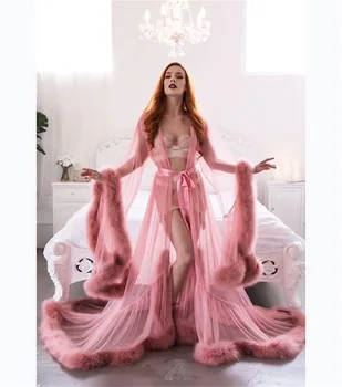 Розови халати Нощно облекло Луксозен кожен колан Илюзия Сватбено тържество Спално облекло Нощници по поръчка Халати Pregant снимка