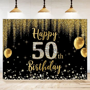 Черно и златно фотография фон за мъже жена блестящ диамант 50-ти щастлив петдесет години рожден ден ден декор фон