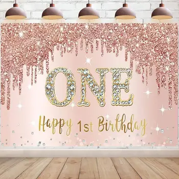 Честит 1-ви рожден ден банер фон декорация за момичета розово злато една година парти знак доставки розов фон фото щанд подпори