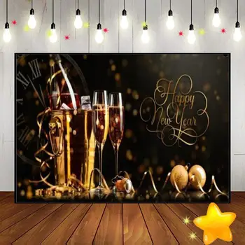 Честита Нова Година Парти Черно злато блясък снимка фон камина обичай рожден ден фон часовник шампанско парти бебе душ ев