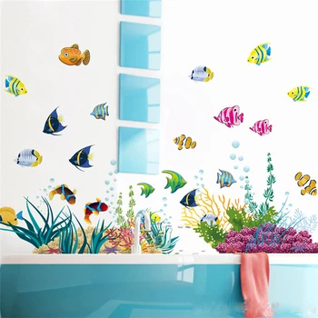 Ярки морски обитатели риби балон стена стикери за баня декорация на дома DIY детска стая спалня карикатура стенопис изкуство Pvc Decal